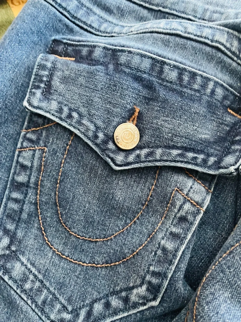 True Religion Jeans with Red Logo Patch on Blue denim NWOT pristine